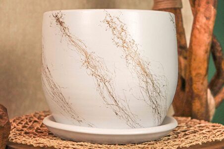 Ev Dekorasyon  Beyaz Üzeri Gold Tabaklı Terracota Toprak Saksı Saksılık Salon Çiçeklik 19 CM